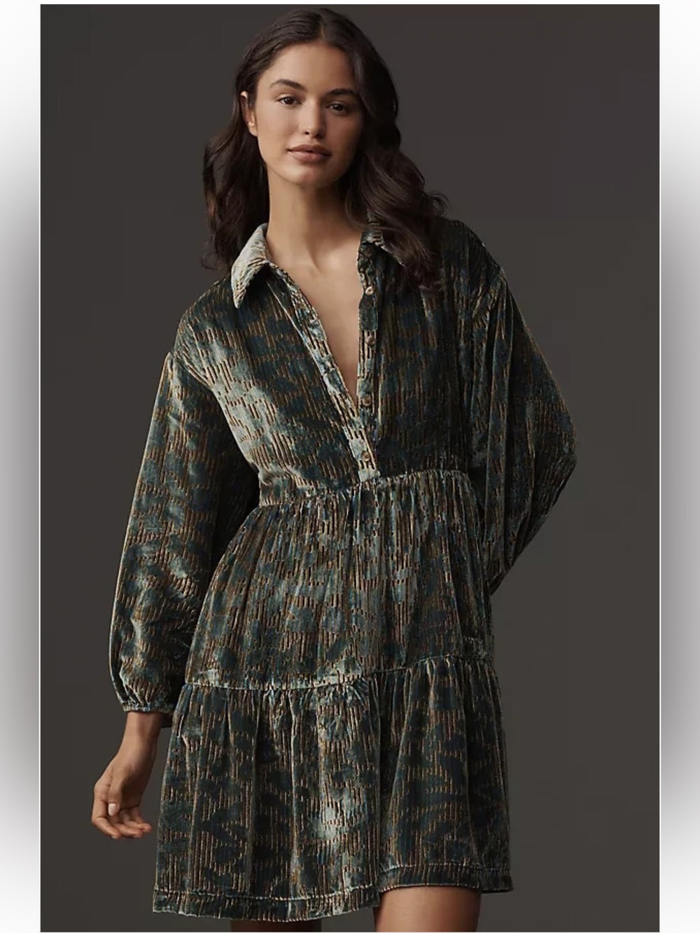Maeve The Bettina Velvet Tiered Mini Shirt Dress - Size L - BNWT